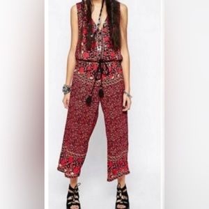 Free People Jumpsuit Black Pink Floral Open Back Culottes Wide Leg Size XS